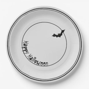Happy Halloween Bat Silhouette Black/White  Paper Plate