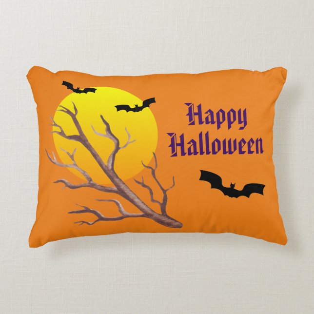 Happy Halloween Bats And The Moon Accent Pillow (Front)