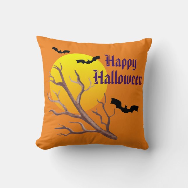 Happy Halloween Bats And The Moon Throw Pillow (Front)