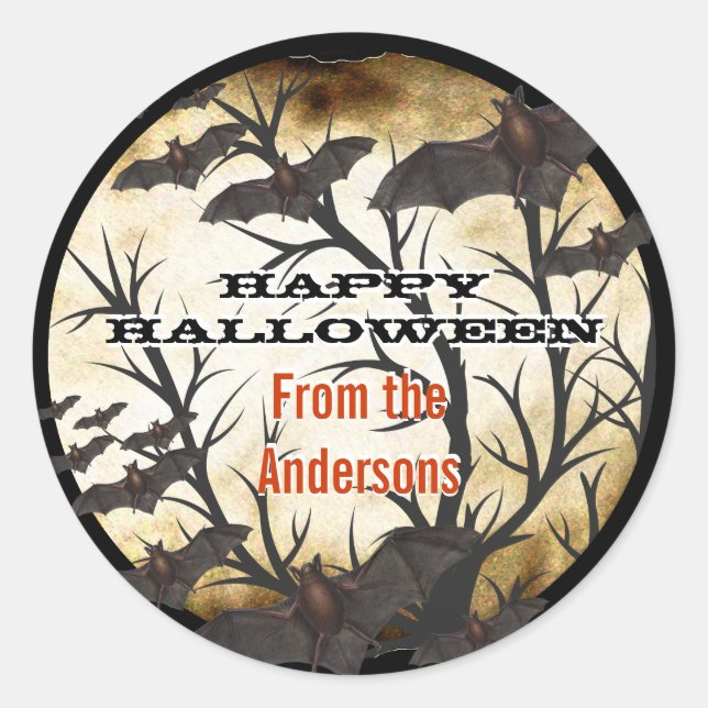 Happy Halloween Bats and Tree Burnt Parchment Classic Round Sticker (Front)