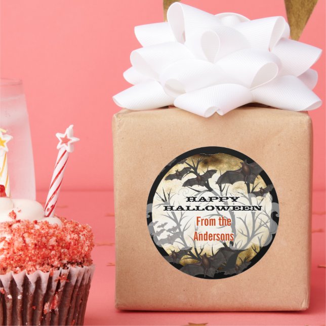 Happy Halloween Bats and Tree Burnt Parchment Classic Round Sticker (Party)