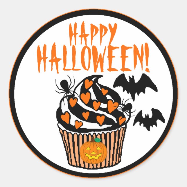 Happy Halloween Bats Cupcake Classic Round Sticker (Front)