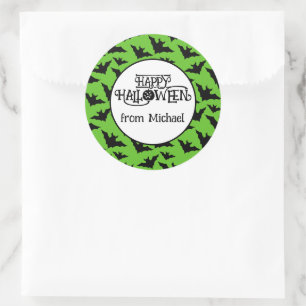 Happy Halloween bats green black spooky Your name Classic Round Sticker