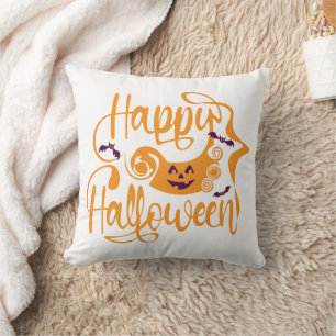 Happy Halloween bats jack o lantern Throw Pillow