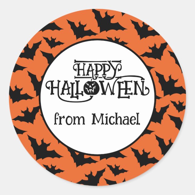 Happy Halloween bats orange black spooky Your name Classic Round Sticker (Front)