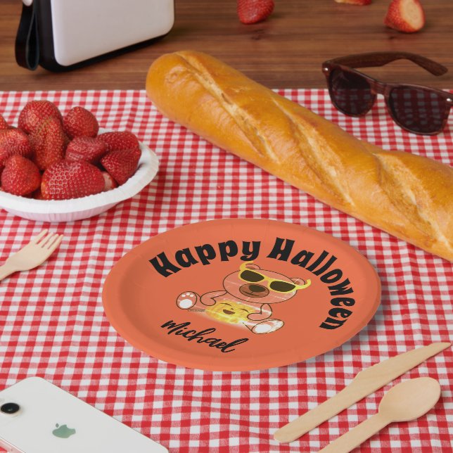 Happy Halloween bear pumpkin Custom name  Paper Plate (Picnic)