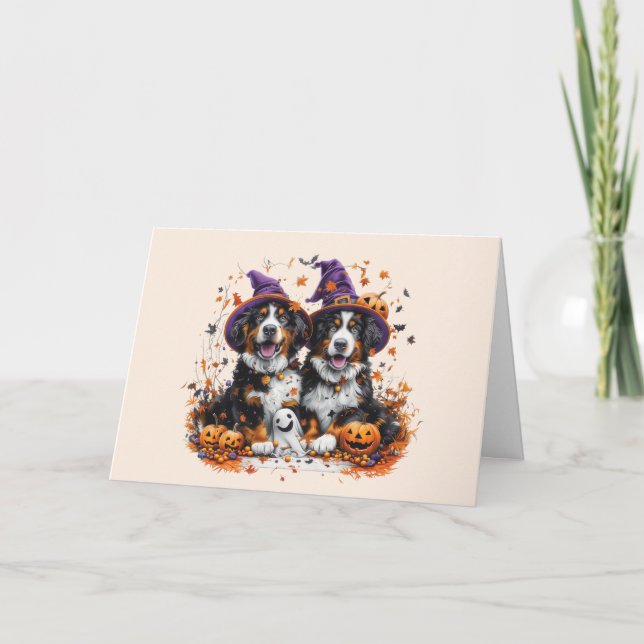 Happy Halloween Bernese Mountain Dogs Holiday Card (Front)