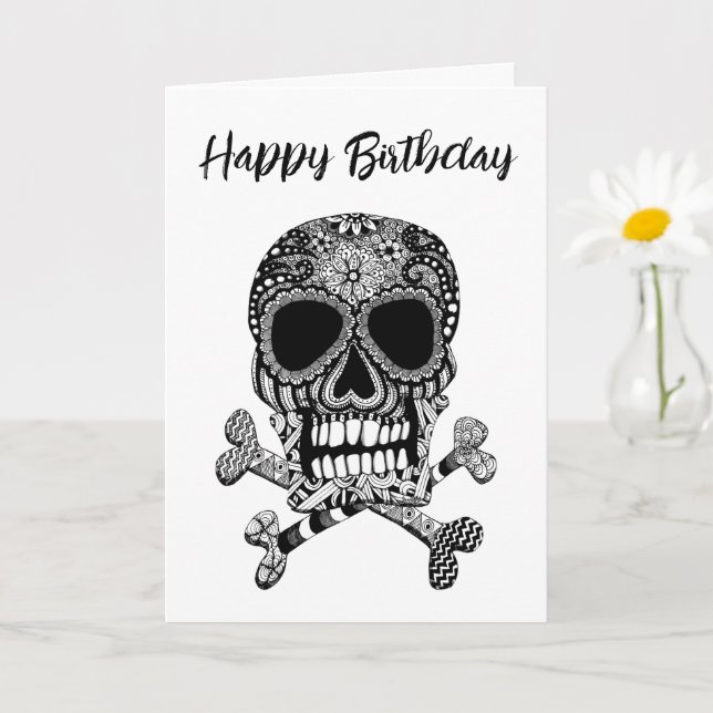 Happy Halloween Birthday Skull and Crossbones Card (Small Plant)