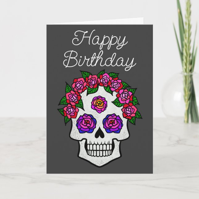 Happy Halloween Birthday Skull with Roses Card (Front)