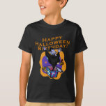 Happy Halloween Birthday! T-Shirt<br><div class="desc">Happy Halloween Birthday! A scary vampire emerges from a birthday gift box, and the text reads HAPPY HALLOWEEN BIRTHDAY! Spooky for Halloween birthdays! Fully customizable too, in case you want to add your own text, change background colours, or move elements around. Make it yours, make it unique, make it scary!!...</div>