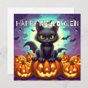 Happy Halloween Black Bat Cat Card