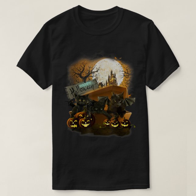Happy Halloween Black Bat Cat In Coffin Scary Holi T-Shirt (Design Front)