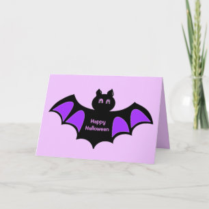 Happy Halloween Black Bat on Violet Greetings Card