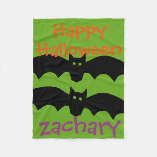 Happy Halloween Black Bats on Green Personalized Fleece Blanket
