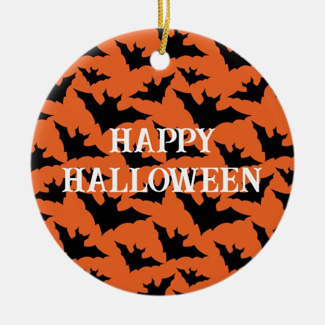 Happy Halloween black bats orange spooky pattern Ceramic Ornament (Front)