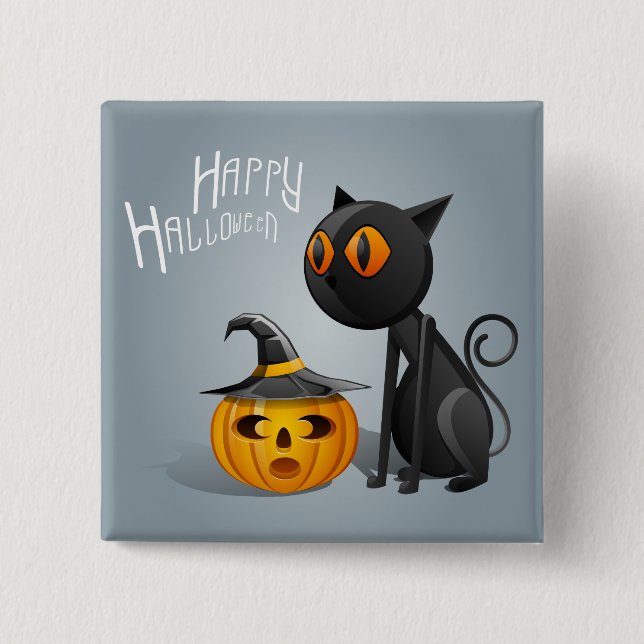 Happy Halloween Black Cat 2 Inch Square Button (Front)