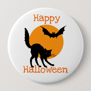 Happy Halloween Black Cat and Bat 4 Inch Round Button