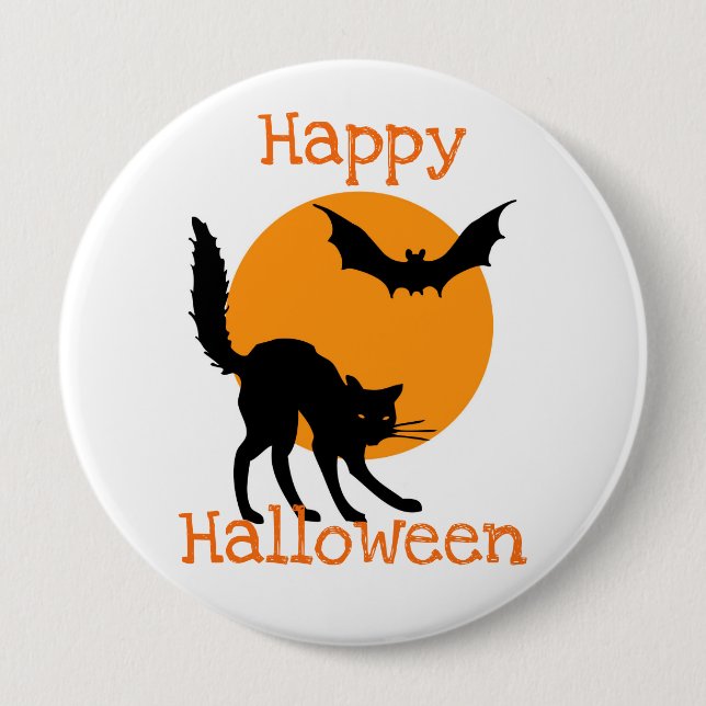 Happy Halloween Black Cat and Bat 4 Inch Round Button (Front)
