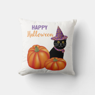 Happy Halloween Black Cat and Pumpkins Decorative Throw Pillow