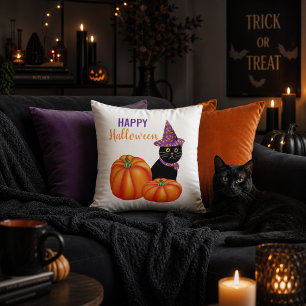 Happy Halloween Black Cat and Pumpkins Decorative Throw Pillow