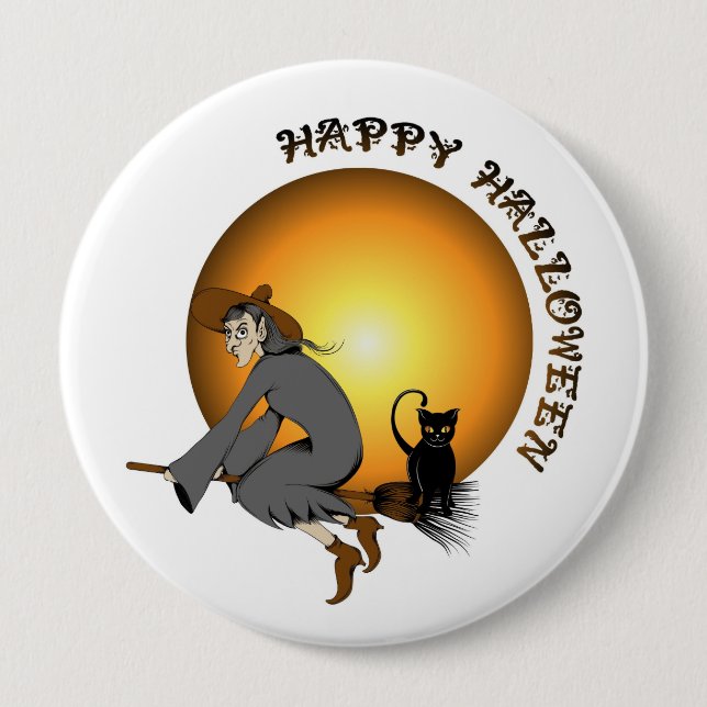 Happy Halloween Black Cat and Witch 4 Inch Round Button (Front)