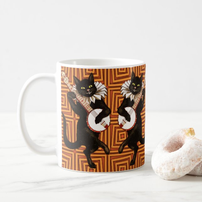 Happy Halloween Black Cat Banjo Orange Background Coffee Mug (With Donut)
