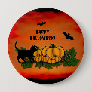 Happy Halloween , Black Cat , Bat and Pumpkin 4 Inch Round Button