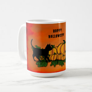 Happy Halloween , Black Cat , Bat and Pumpkin Coffee Mug