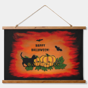 Happy Halloween , Black Cat , Bat and Pumpkin Hanging Tapestry