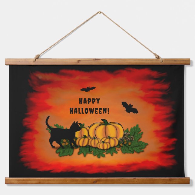 Happy Halloween , Black Cat , Bat and Pumpkin Hanging Tapestry (Front)