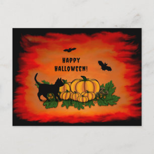 Happy Halloween , Black Cat , Bat and Pumpkin Holiday Postcard