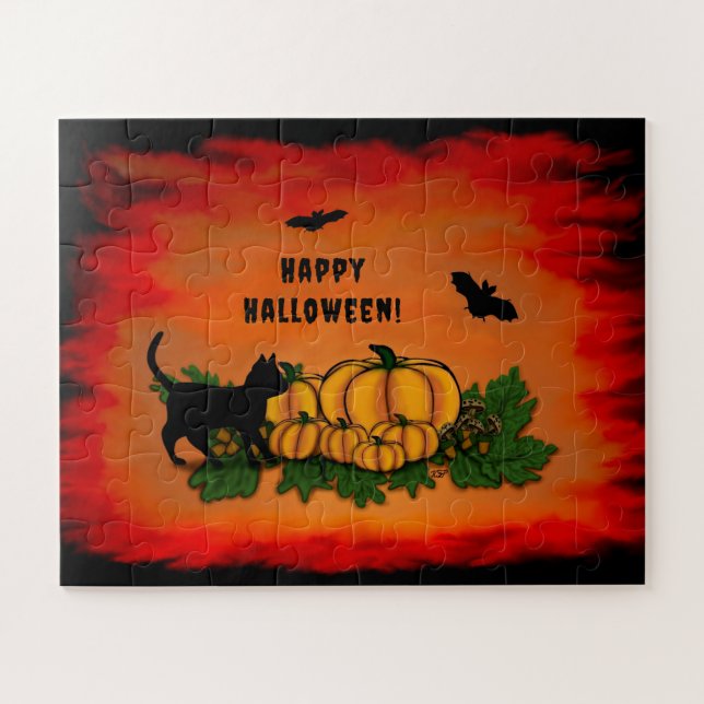 Happy Halloween , Black Cat , Bat and Pumpkin Jigsaw Puzzle (Horizontal)