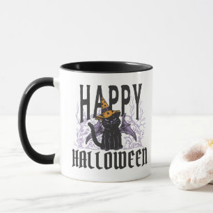 HAPPY HALLOWEEN BLACK CAT BAT WINGS  MUG