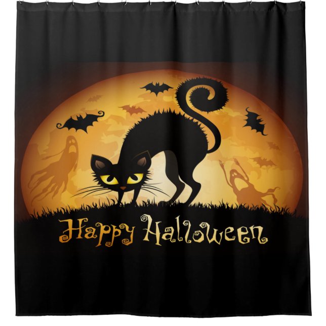 Happy Halloween Black Cat Bats And Ghost (Front)