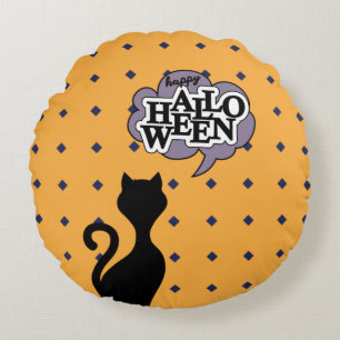 Happy halloween black cat cartoon round pillow