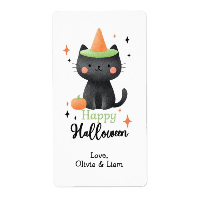 Happy Halloween Black Cat Custom Shipping Labels (Front)