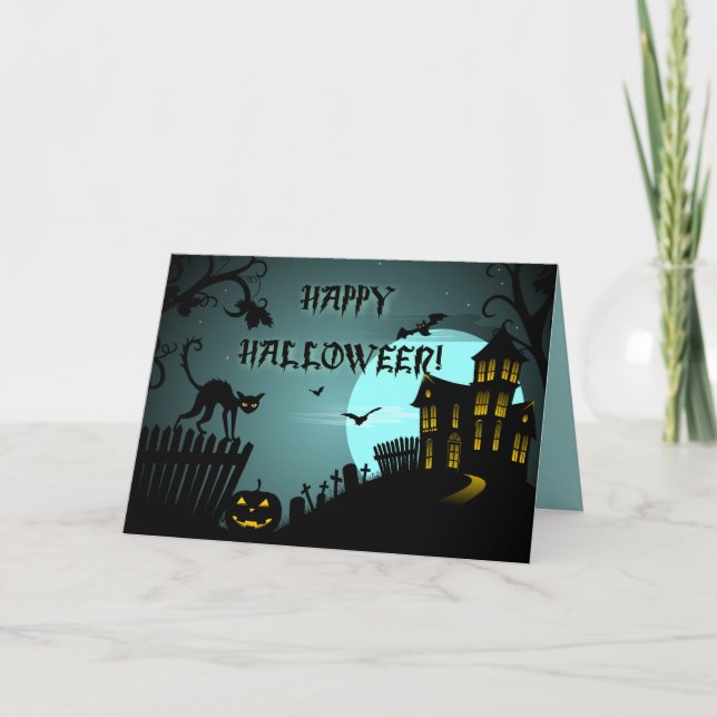 Happy Halloween Black Cat Haunted House Blue Card (Front)