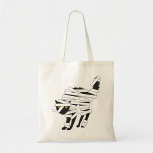 happy halloween black cat mummy wraped tote bags