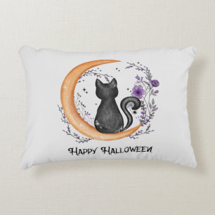 Happy Halloween – Black Cat on Crescent Moon Accent Pillow