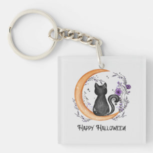 Happy Halloween – Black Cat on Crescent Moon Keychain