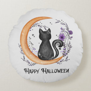 Happy Halloween – Black Cat on Crescent Moon Round Pillow