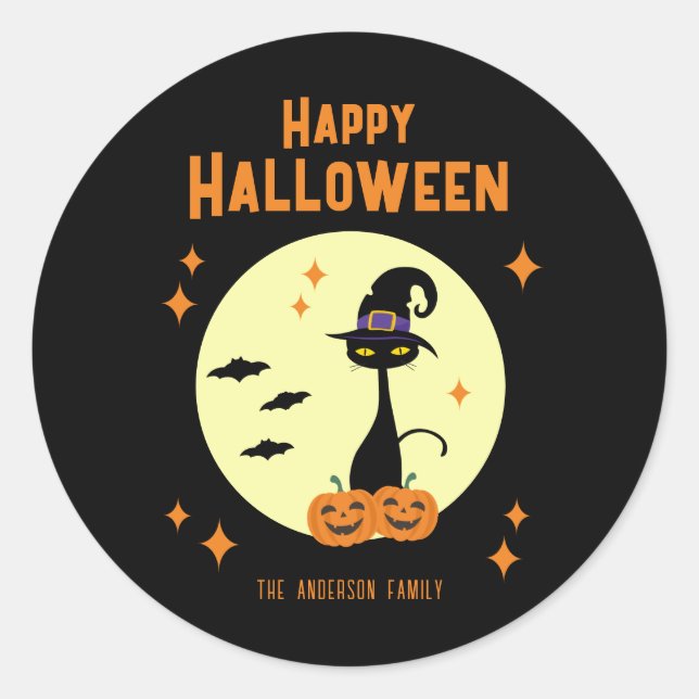 Happy Halloween Black Cat Personalized Classic Round Sticker (Front)