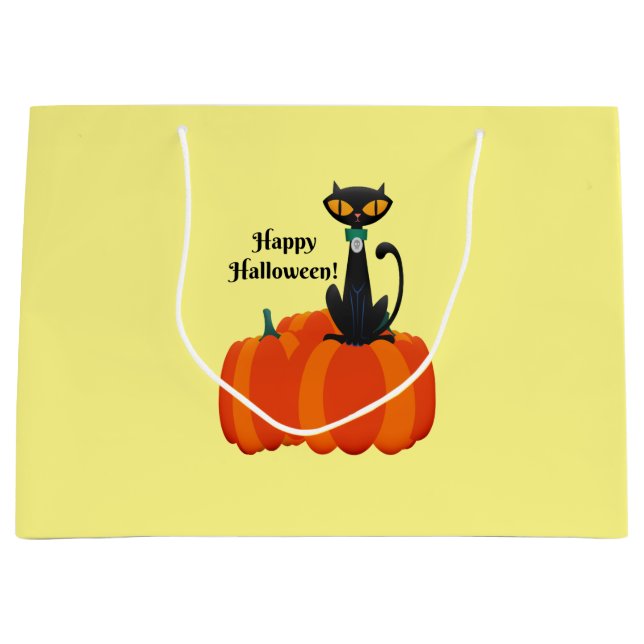 Happy Halloween, black cat/pumpkin, Large Gift Bag (Front)