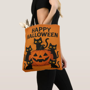 Happy Halloween Black Cat & Pumpkin Tote Bag