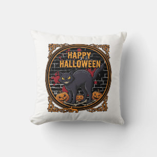 Happy Halloween Black Cat Pumpkins Bones_1 Throw Pillow