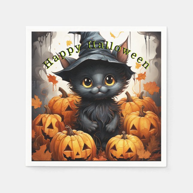 Happy Halloween Black Cat Pumpkins Napkin (Front)