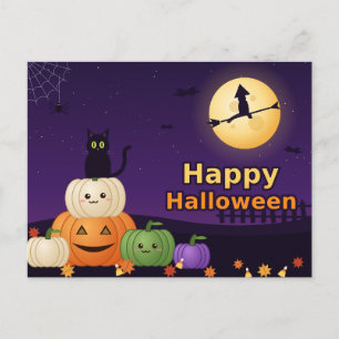 Happy Halloween Black Cat Pumpkins Witch Moon Post Postcard