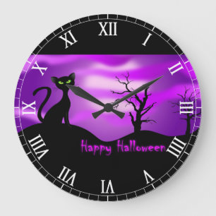 Happy Halloween Black Cat Purple Large Clock