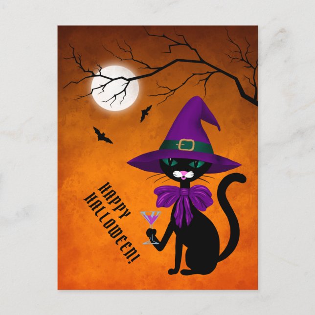 Happy Halloween Black Cat Purple Witch Hat Moon Holiday Postcard (Front)