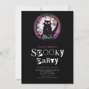 Happy Halloween Black Cat Red and Purple Halloween Invitation